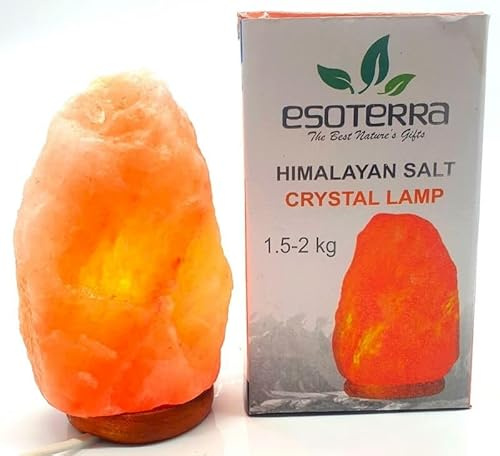 Genérico Lámpara de Sal del Himalaya Natural 1,5-2 kg – Roca de Sal 100% Pura con Base de Madera y Luz Cálida Relajante – Ideal para Dormitorio, Sala y Decoración Zen