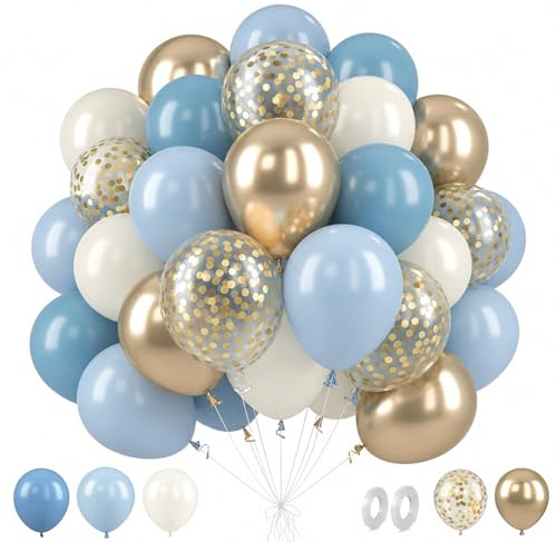 62 stycken blå ballonger, 12 tum födelsedagsdekorationer | Pastell blå, beige guld guldkonfetti ballonger för födelsedagsdekorationer dop flicka bröllop, examensfest