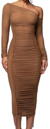 Dam en axel långärmat nät Ruched Bodycon Midi klänning | Angled Neckline Halvtäckande ärmar Framsida Ruching Side Drawstrings Sculpted Seams Streamlined Midi Shape Evening Style