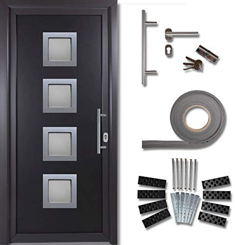 kuporta Haustür Komplett-Set - Eingangstür Haustüre aus Kunststoff Modell: Rimini, 88 x 200 cm, DIN rechts, außen anthrazit & innen weiß mit Stoßgriff-Set, Montageset, Fugendichtband