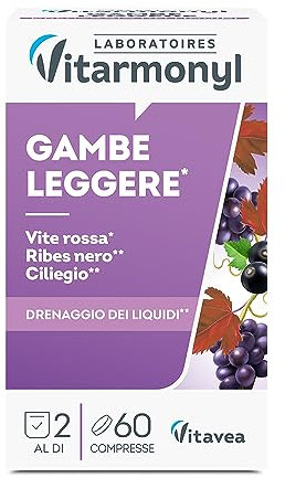 Gambe Leggere - Integratore drenante con Estratto di Vite Rossa, Ribes Nero, Ciliegio - Favorisce la funzionalità del microcircolo e il drenaggio dei liquidi - Confezione da 60 compresse - Vitarmonyl