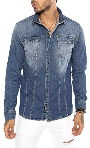 RED BRIDGE Camicia a Jeans da Uomo Stile Casual Denim Cotone Blu M