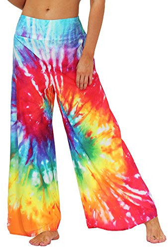 Nuofengkudu Damen Lang Gemusterte High Waist Yoga Hosen Weites Bein Elegant Hippie Sommerhose Locker Leicht Bunt Boho Sommer Strand Relaxhose Festlich Freizeithose(014-Rainbow,S/M)