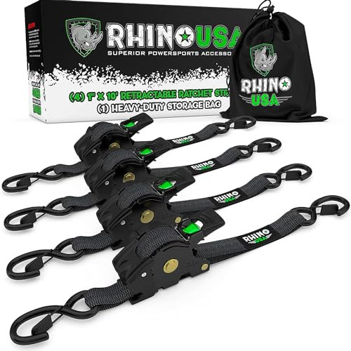 Rhino USA Retractable Ratchet Tie Down Straps (4PK) - 540kg Guaranteed Max Break Strength, Includes 2.5 cm x 3 m Autoretract Tie Downs with Padded Handles. Use for Boat, Securing Cargo - Black