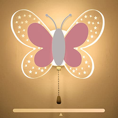 ANKBOY Aplique de Pared Dormitorio Niña con Interruptor, Lámpara de Pared Interior LED 16W Lámparas de Cabecera Habitación Infantil, Lámpara de Diseño Mariposa Rosa, 3 Temperatura de Color Regulable