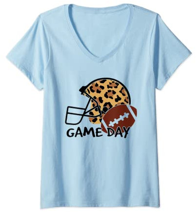 Damen American Football Game Day Leopard Helm für Mädchen T-Shirt mit V-Ausschnitt
