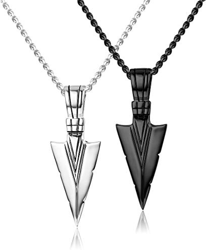 JeryWe 2Pcs Stainless Steel Pendant Necklaces for Men Boy Cool Viking Spearpoint Arrowhead Pendant Chain Necklace Set Black & Silver Tone