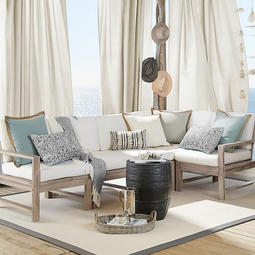 PONY DANCE Outdoor Gardinen Boho Leinen 2er Set H 243 x B 140 cm wasserdichte Outdoorvorhänge mit Klett-Schlaufen Terrasse/Pavillon Vorhänge Halbtransparent Balkon Vorhang Outdoor, Beige