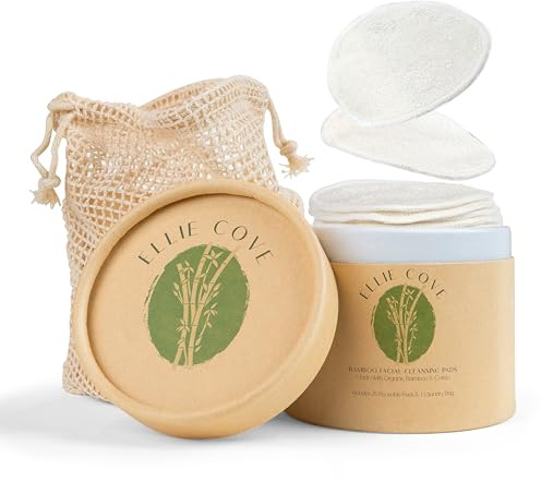 Ellie Cove 20-Piece Reusable Organic Bamboo Cotton Pads (70% Bamboo, 30% Cotton), Eco-Friendly with Washable Laundry Bag and Round Storage Box, for All Skin Types