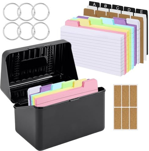 260 Stück Karteikarten Box Pocket Beschriftete Linien Karteikasteninkl 180 Bunte Karteikarten mit ring Karteikasten Schwarz 15x9,5x8,5 cm für Unterwegs Lernen Notizen Schulsachen Büro Zuhause