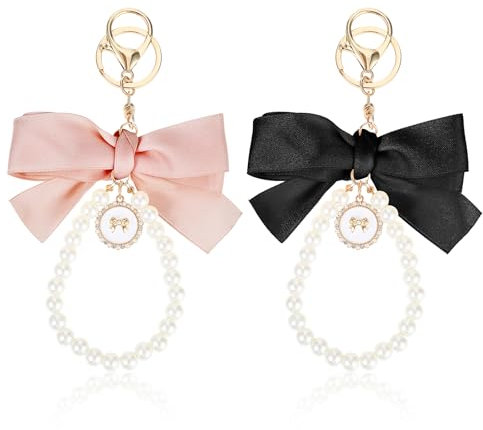 JIEYAO 2 Stück Schleife Perlen Schlüsselanhänger,Sakura Bowknot Schlüsselanhänger Armband Quaste Pink Bow Pearl Chain Keychain Süße Charm Anhänger Auto Schlüsselanhänger Zubehör für Damen Handtaschen