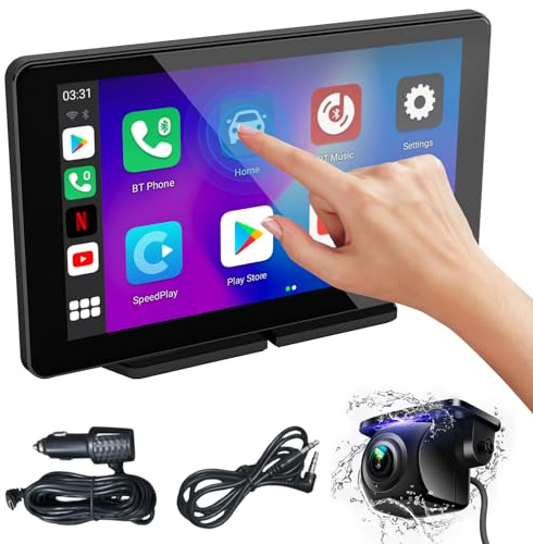 Pantalla Carplay Coche, 7 Pulgadas Portátil Carplay Coche y Android Auto, Car Play Inalámbrico para A-pple Coche con Cámara Trasera, Navegador, Control de Voz, Mirror Link, Bluetooth, FM, AUX