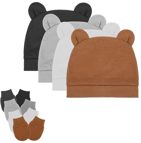 Abeillo 4 Stück Neugeborene Babymützen Fäustlinge Set,Unisex Babymütze Winter,Baumwolle Babymütze 0-6 Monate,Niedlich Bärenohren Neugeborenen Mütze Winter Essentials