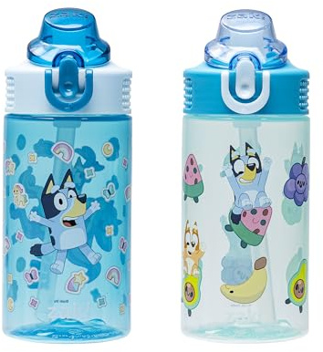 Zak Designs Bluey Sage Kids Water Bottle For School or Travel, 16oz Durable Plastic Water Bottle With Straw, Handle, and Leak-Proof, Pop-Up Spout Cover, 2-Pack Set (Bluey & Bingo)
