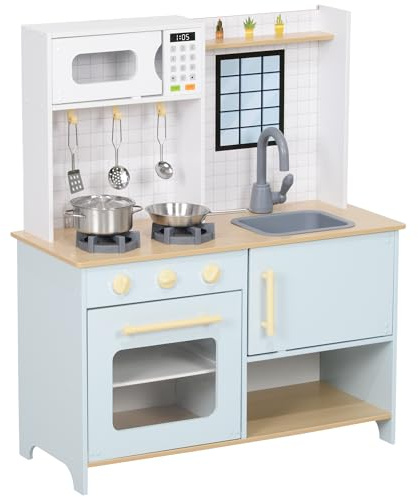 AIYAPLAY Cuisine Enfant, Cuisine en Bois Enfant 3+ Ans, avec Micro-Ondes, cuisinière, Espace de Rangement, Accessoires de Cuisine, pour Enfants 3+ Ans, Bleu