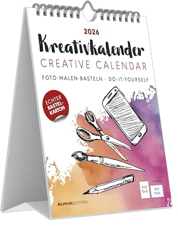 Alpha Edition - Creative Calendar Table Stand Tall White 2026 - Craft Calendar 16 x 20 cm with Black Paper, German Calendar & Spiral Bound, for DIY, Hanging & Standing