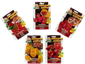 L'ORTOLANO-OFFERTA- 5 BUSTE Di Semi Da Piantare-Peperoncini Piccanti-Peperoncino Italico, Trinidad Moruga Scorpion, Naga Morich, Habanero Orange, Habanero Red Caribbean.