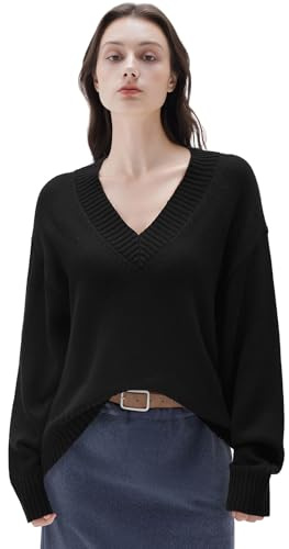 SUUKSESS Women Cashmere Oversized Sweaters V Neck Pullover Tops Fall Winter Long Sleeve Jumpers (Jet Black,L)