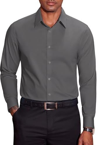 COOFANDY Camicia da Uomo a Maniche Lunghe in Cotone Stretch Anti-Piega per Business e Tempo Libero Regular Fit Grigio Scuro L