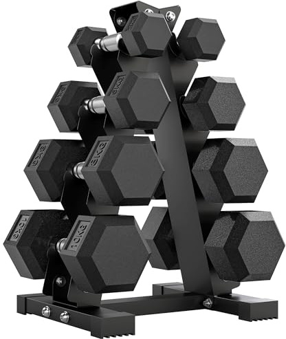 SPORTNOW Set di Manubri da Palestra con Supporto, 2x2kg, 2x5kg, 2x8kg, 2x10kg, Manubri per Palestra Esagonali con Supporto in Ghisa e Gomma con Impugnatura Antiscivolo, Allenamento Fitness Casa, Nero