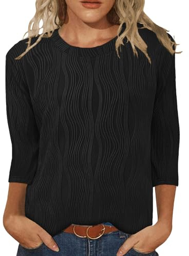 Gemulate Work Clothes for Women UK 3 Quarter Sleeve Tops Womens Ladies Office Shirts Round Neck Blouses Spring Fall Tunic Black XL