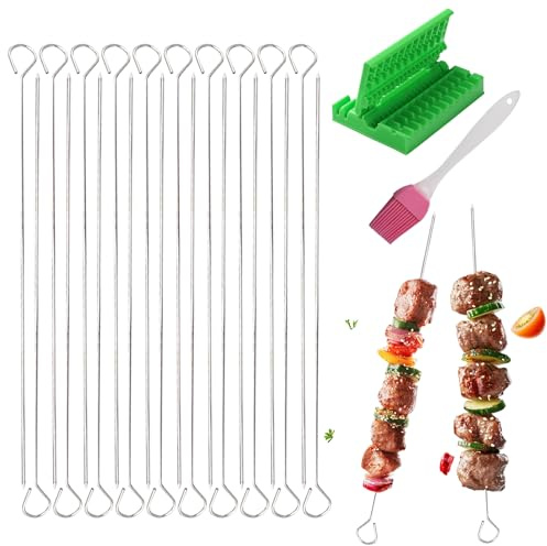 Juego de 22 brochetas de metal con hilo de pinchos y cepillo de aceite de silicona. Para pinchos de carne de res, pollo y otros alimentos, freidora sin parrilla, horno (30 cm)