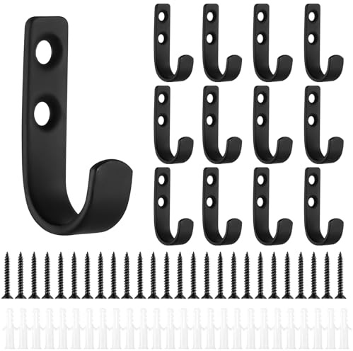 BOJIUKEJI Set di 13 ganci appendiabiti/gancio per armadio in metallo nero, ganci da parete da avvitare, ganci neri per asciugamani, bagno, camera da letto, con portachiavi e clip