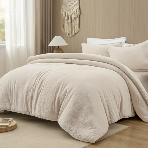 PHF Cotton Muslin Comforter Set King – 100% Cotton Cover, Ultra Soft & Breathable, 3PCS Lightweight All-Season Bedding with Polyester Fill, 1 Comforter 104x90 & 2 Pillow Shams 20x36, Natural