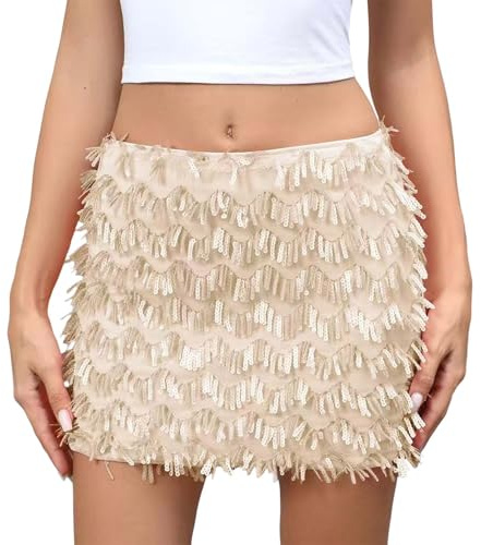 Falda corta brillante con lentejuelas para mujer, sexy, con lentejuelas, de cintura baja, estilo lápiz, bodycon, para fiesta de baile en club, falda corta de lentejuelas., beige, M