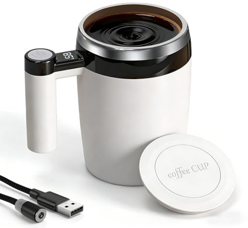 Selbstrührende Tasse Elektrische 400ml, USB Selbstrührender Becher mit Temperatur Anzeigen, Tragbarer Kaffee Tasse mit Anti Rutsch Boden (Weiß)