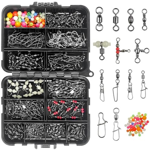 170pcs Fishing Swivel Snaps Kit, Include Ball Bearing Swivel, Crossline Three Way Swivel, Duo Lock Snap Connector Clips Beads Fishing Accessories Tackle for Saltwater Freshwater