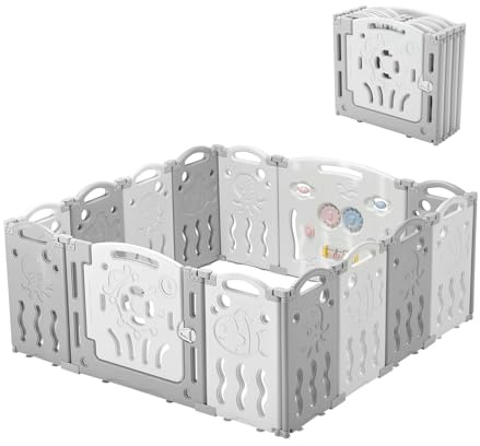 Albott Baby Playpen, Upgraded 14 Panels Foldable Baby Fence with Game Panel and Safety Gate, Adjustable Shape, Portable Play Yards for Children Toddlers Indoors or Outdoors (White+Grey,14 Panel)