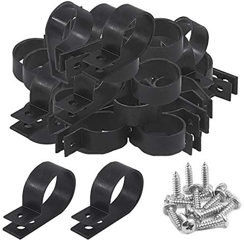 Keadic 60Pcs Black Nylon Cable Clamps Cable Clips Wire Clips Assortment Kit Nylon Plastic R-Type Cable Clamps with Stainless Steel Screws for Rope Tube Management
