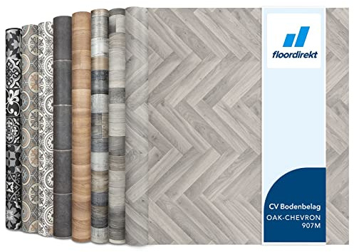 Revestimiento de suelo CV en imitación de madera, suelo de PVC, se vende por metros, antideslizante y fácil de limpiar, suelo de vinilo (200 x 200 cm, Plaza | Roble Chevron 907M)
