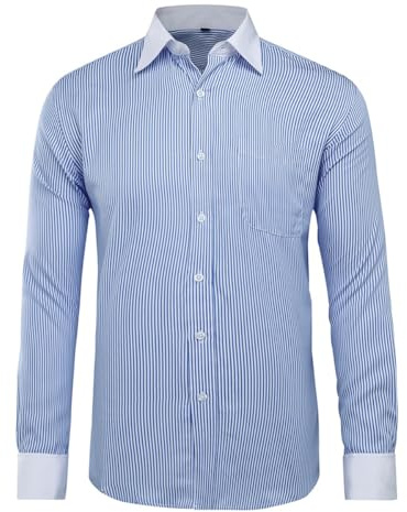 Allthemen Chemise Homme Casual Manches Longues Col Montant Slim Fit Chemise Printemps Automne Bleu (Rayures Droites) L