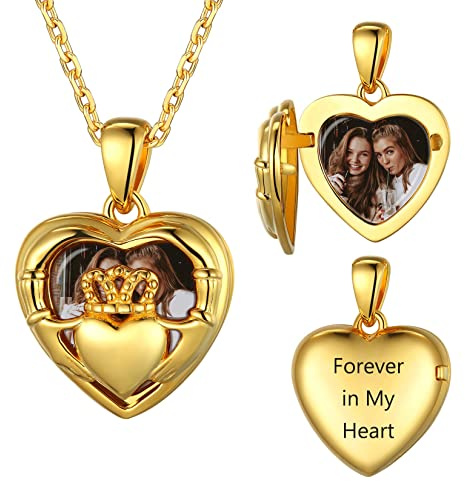 SILVERCUTE Irisches Claddagh Foto Kette personalisiert Silber 925 Herz Medaillon zum Öffnen 18k vergoldet Photo Bild Amulett Anhänger Halskette Schmuck für Mutter Großmutter Schwestern