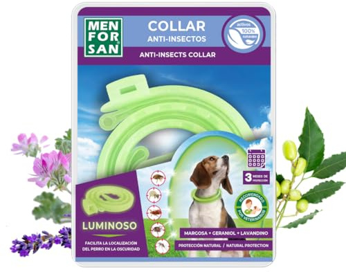 MENFORSAN Collier Anti-Insectes Luminescent pour Chiens, avec 3 répulsifs naturels, Longueur 57cm Auto-réglable