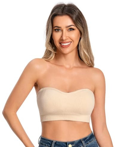 ANGOOL Bandeau Bra Women Padded Strapless Seamless Bra Tube Tops Invisible Bralettes with Convertible Straps,Beige,M