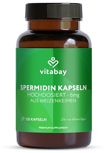 Vitabay Spermidin 6 mg Hochdosiert – 120 vegane Kapseln mit fermentiertem Weizenkeimextrakt – Natürlich hergestellt - Laborgeprüft in Deutschland & ohne Zusatzstoffe – Vorrat für 4 Monate