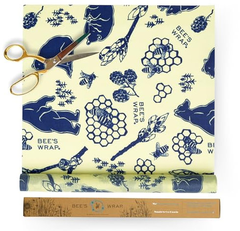 Bee's Wrap Reusable Beeswax Food Wraps Made in The USA, Eco Friendly Beeswax Food Wrap, Sustainable Organic Cotton Wraps, XXL Cut to Size Wax Paper Roll, Bees & Bears