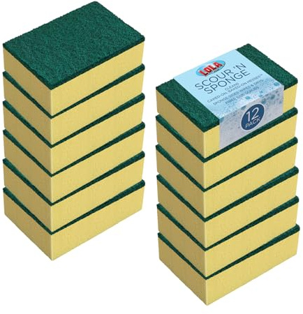 LOLA Pot Brite Scour N' Sponge, 12 Pack, Non-Scratch Dish Scrub, Nylon & Polyester, Fiber Side Scrubs & Scours & Sponge Side Wipes & Dries