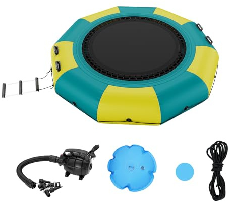 VEVOR Trampoline Aquatique Gonflable, Trampoline sur l’Eau 310x60 cm, Plate-Forme de Natation Portable avec Échelle et Pompe à Air Électrique, Rebondisseur Flottant pour Enfants, Piscine, Jaune Vert