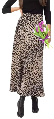Gonna lunga in raso con stampa leopardata a vita alta con stampa leopardata maxi gonna lunga elasticizzata a vita alta, Beige, L