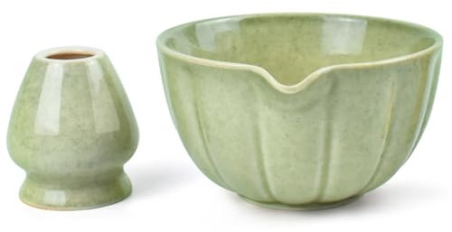 Artcome Juego de cuenco para matcha con boquilla de vertido y soporte para batidor, cuenco de té matcha de cerámica de con práctica boquilla y soporte de batidor de bambú para ceremonia