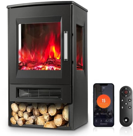 Cecaylie chimenea eléctrica con calentador, calentadores eléctricos, chimenea eléctrica con llamas LED, control remoto WiFi, calentador de ventilador con temporizador, termostato ajustable, calentador