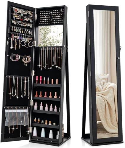 COSTWAY Schmuckschrank, Spiegelschrank mit Ganzkörperspiegel und integriertem Make-up-Spiegel, abschließbar, stehend, Schmuckaufbewahrung, Schmuck-Organizer (Schwarz)