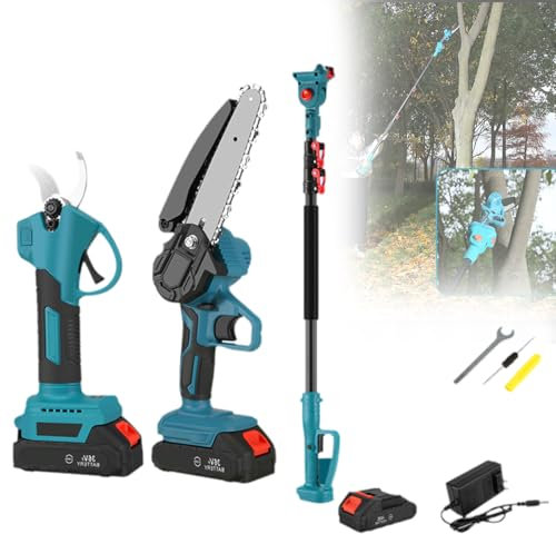 Scie À Perche sans Fil, Scie À Branches Hautes 3 en 1 avec Tronçonneuse sans Balais, Cisaille, Tige Télescopique de 2 M, Batterie Et Chargeur Inclus pour la Taille des Arbres de Jardin 2batteries