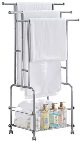 LIUBEI Porte-serviettes sur pied, porte-serviettes avec panier de rangement, roulettes, porte-serviettes de bain, peu encombrant, étagère pour couverture, serviettes de bain, gris
