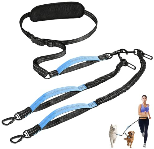 Tivray Hands Free Dog Leash, 6.9ft Waist Leash for 2 Dogs, Adjustable Double Hands Free Lead with Detachable Waist Belt, Padded Handles, Shock Absorbing Bungee for Walking Jogging Hiking, Black+Blue