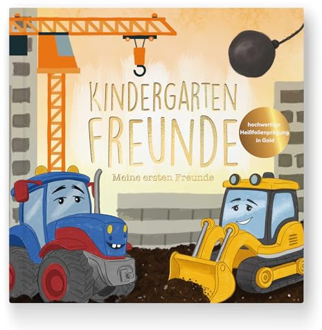 Cupcakes & Kisses Libro de amigos para jardín de infantes excavadora – Álbum de recuerdos para niños – para 28 amigos – Libro de la amistad con preguntas y espacio para fotos – Kita, preescolar